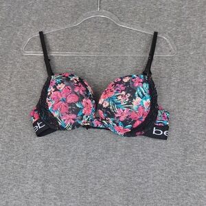 BEBE WOMENS BLACK FLORAL LACE PADDED PUSHUP RACERBACK CLIP BRA SIZE 36D